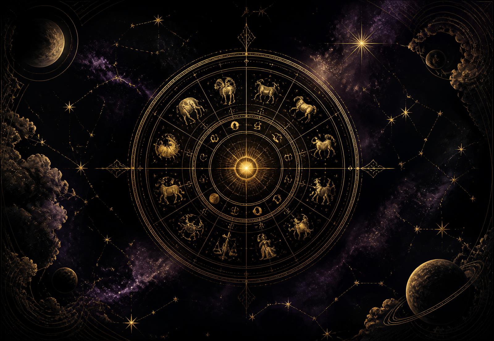 Złoty zodiakalny krąg astrologiczny na tle nocnego nieba